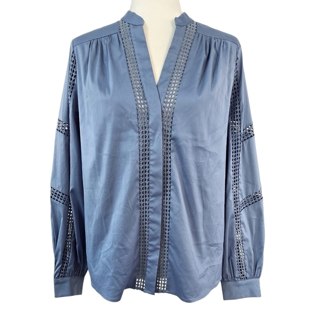 White House Black Market Blue Long Sleeve Embroidered Poplin Cutout Shirt